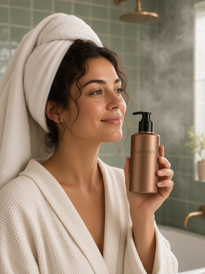 Woman with curly hair in a towel holding a SENSESO bottle