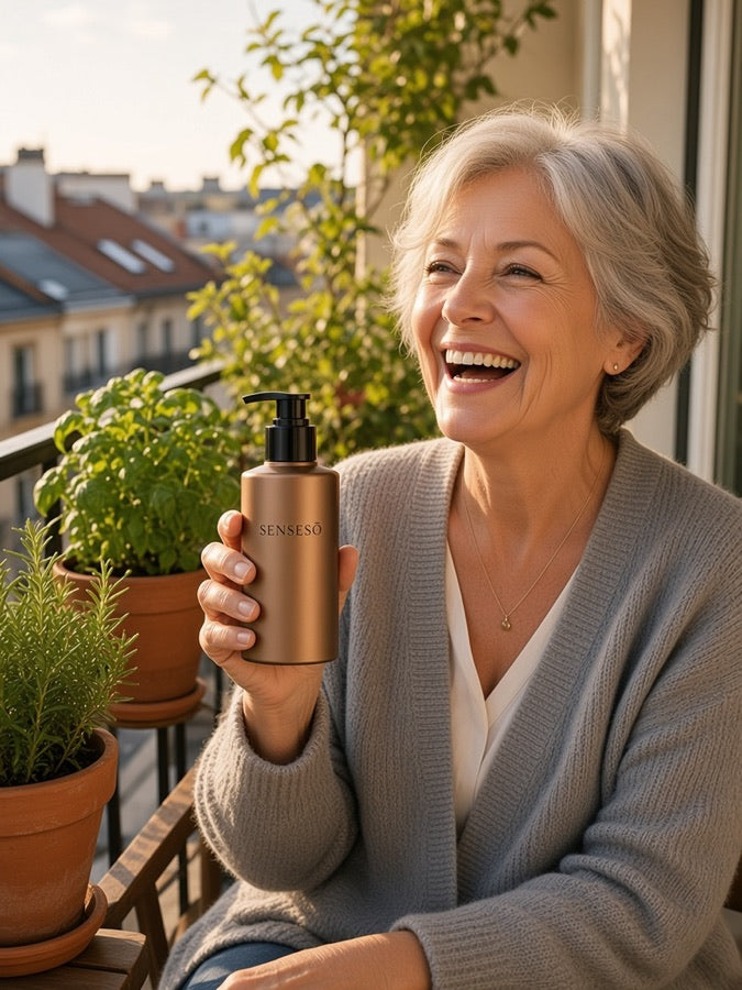 Silver-haired woman on a balcony with SENSESO