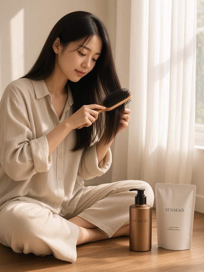 Woman brushing her hair next to a SENSESO bottle and refill