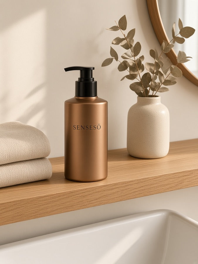 SENSESO shampoo on an oak bathroom shelf