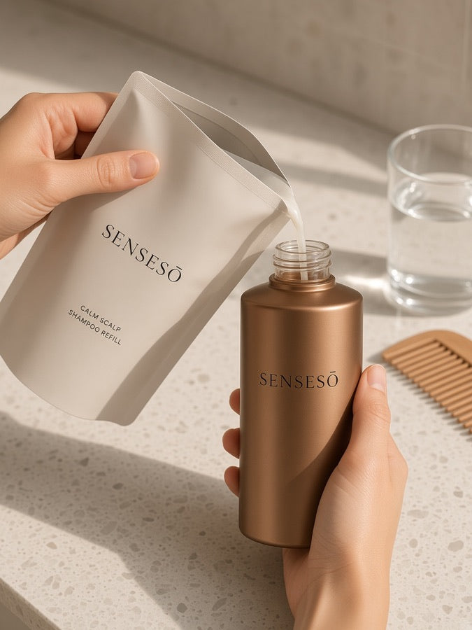 Refill pouch being poured into a SENSESO bottle
