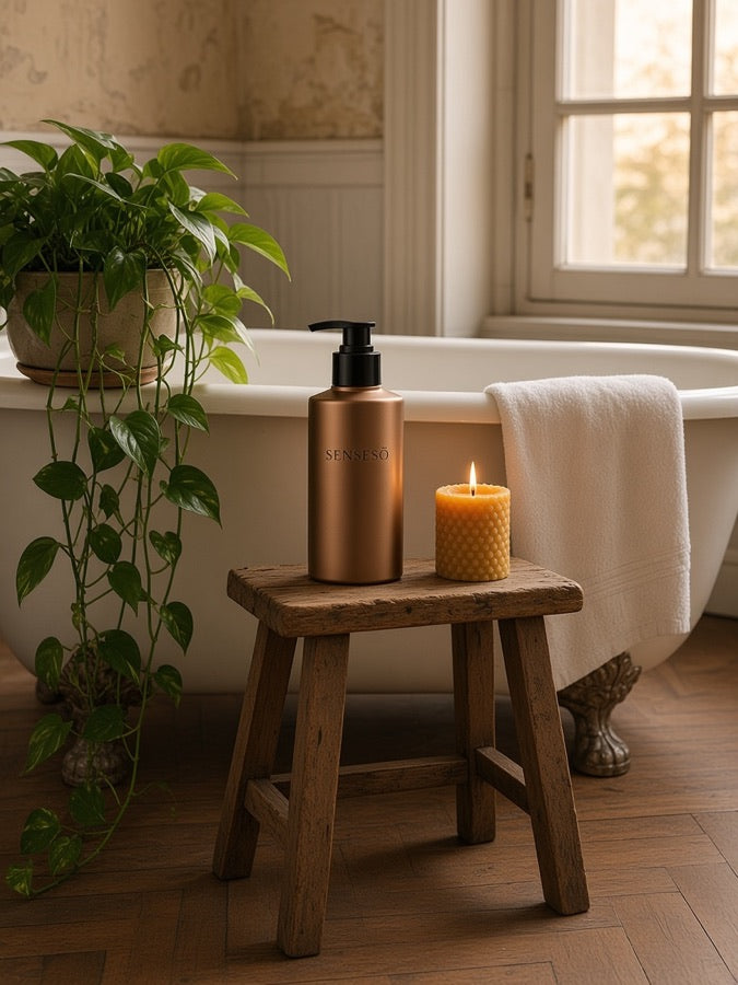 SENSESO bottle on a stool by the bathtub
